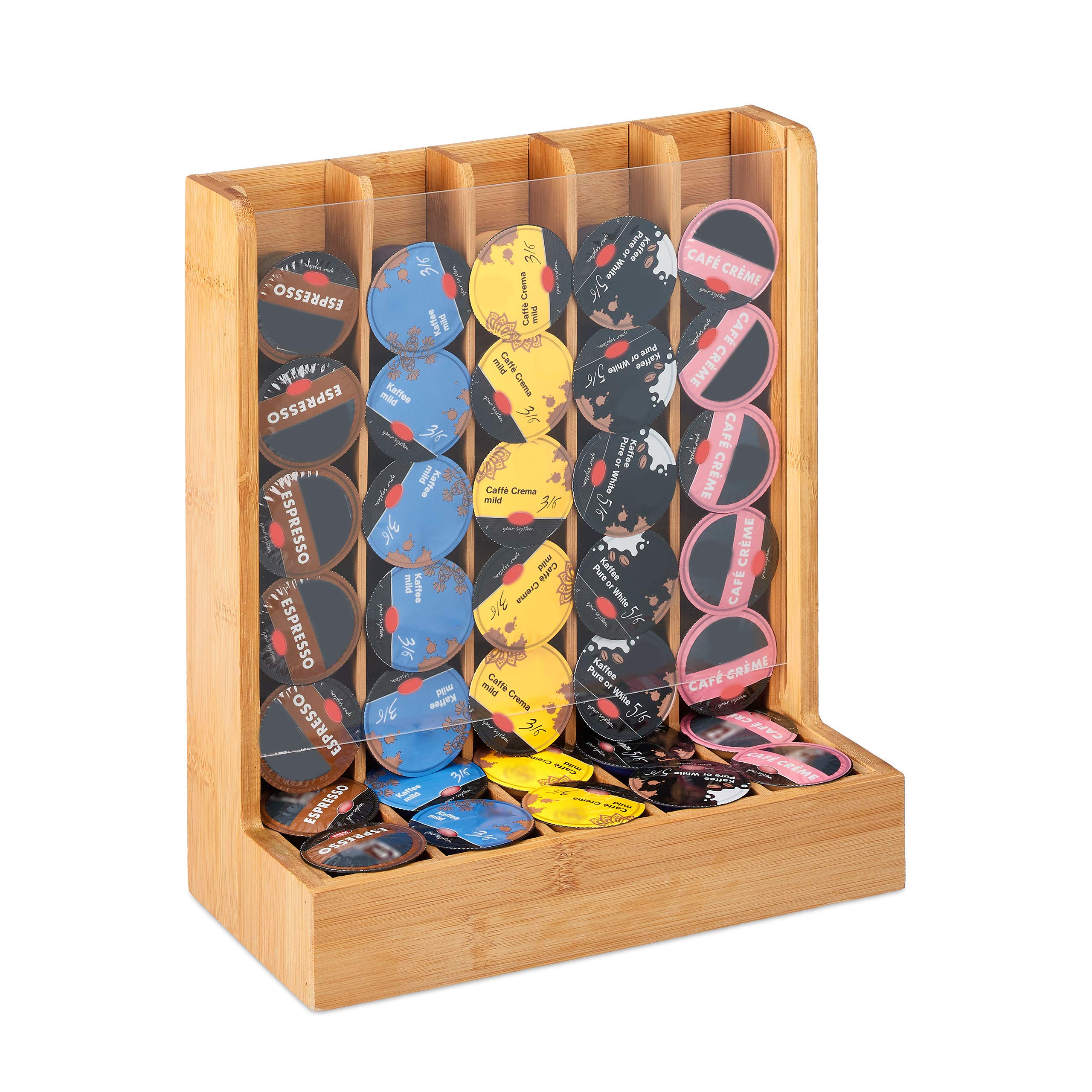 Relaxdays Cafissimo Capsule Dispenser, Coffee Pod Holder, Storage Rack, Bamboo & Acrylic, HxWxD: 29x24.5x12 cm, Natural
