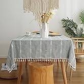 Gernaice Rustic Stripe Embroidered Tablecloth Heavy Tassel Small Rectangle Cotton Linen Table Cloth Wrinkle Free Washable Table Cover for Coffee Living Room Sofa Table Grey 36x55 Inch