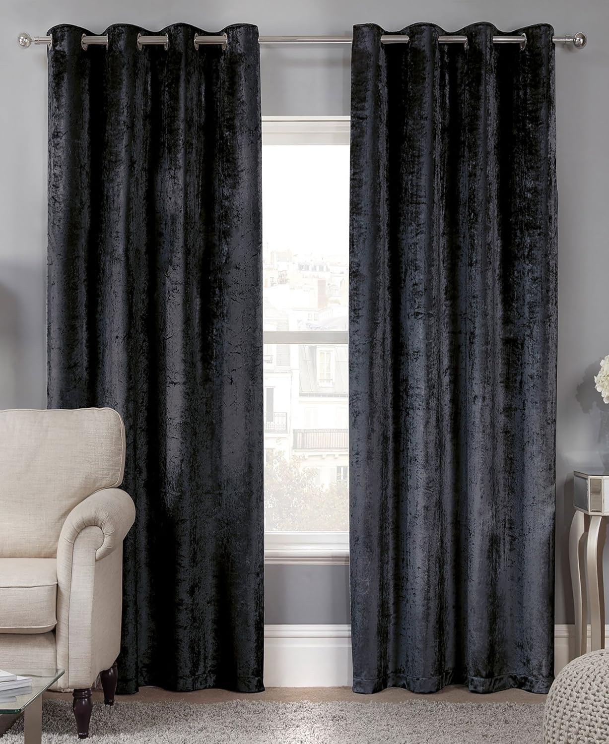 Crushed Velvet Effect Lined Ring Top Curtains (Pair) 45" x 72