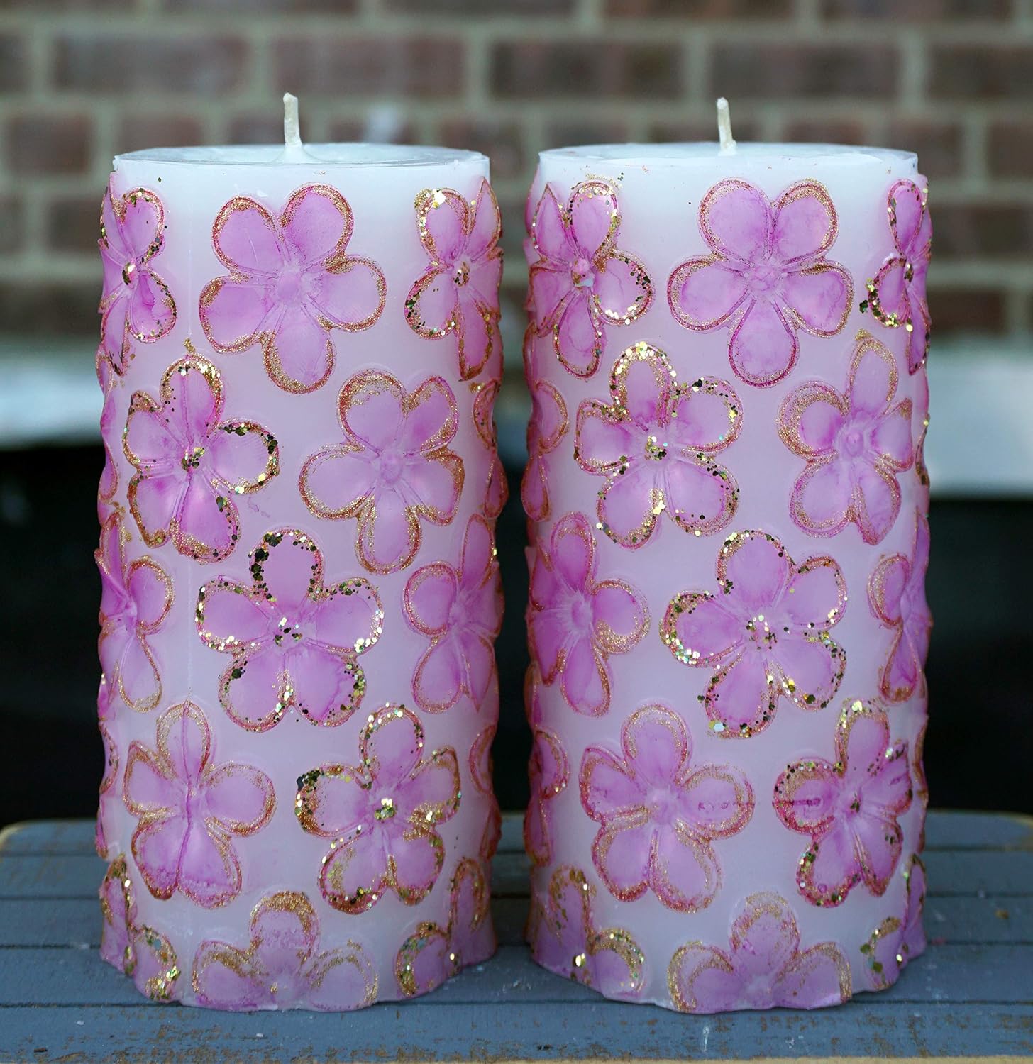 Pink Gold White Pillar Candles Set of 2 Flower Valentines