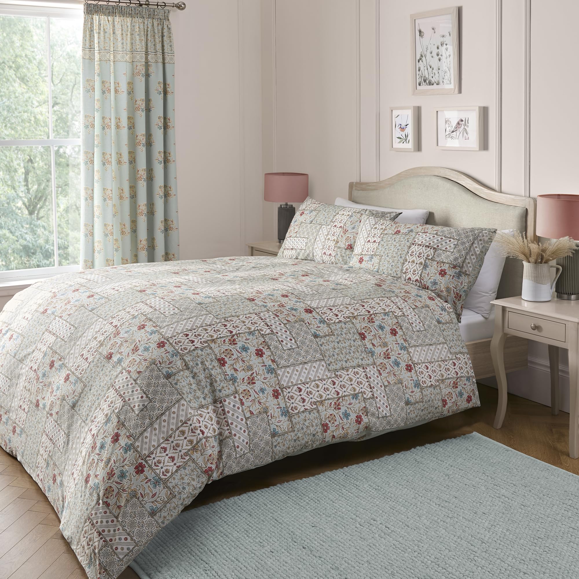 Dreams & Drapes - Duck Egg Damask Patchwork Duvet Cover - Double Bedding Size (200 x 200cm) - Reversible Design - 2x Pillowcases Included - Vintage Bohemian Floral Bedding in Duck Egg