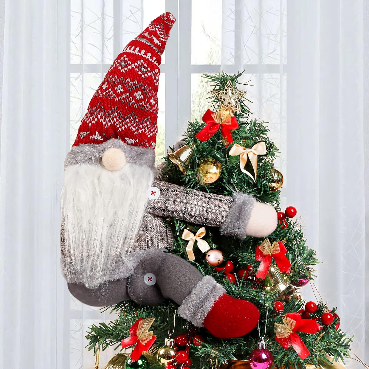 Tree Toppers - Sggvecsy Christmas Tree Topper Gnome Hand Made Christmas Gnome Decoration Funny Christmas Tree Topper Christmas Plush Gnome Ornaments Also be Used as Curtain Tie for Home Decor (Red)