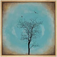 SIGNWIN Framed Canvas Wall Art Bird Flying Over Wisdom Tree in Blue, Gold Twilight Landscape Wilderness Oil Painting Abstract Rustic Scenic Dramatic for Living Room, Bedroom, Office - 16x16 inches