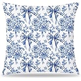 Pleonox Coquette Blue and White Chinoiserie Floral Bow Pillow Covers 18x18, Coquette Room Decor, Grand Millenial Decor, Vintage Blue Grandmillennial Throw Pillow Covers for Girls Room Dorm Apartment