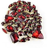 Worlds 50PC Mix Shapes Sew On Crystal Rhinestone Flatback Gold Claw Setting Glass Sew On Crystal Rhinestone for Clothes&Bags, Shoes,DIY Crafts 8mm~ 18mm(Dark Red)