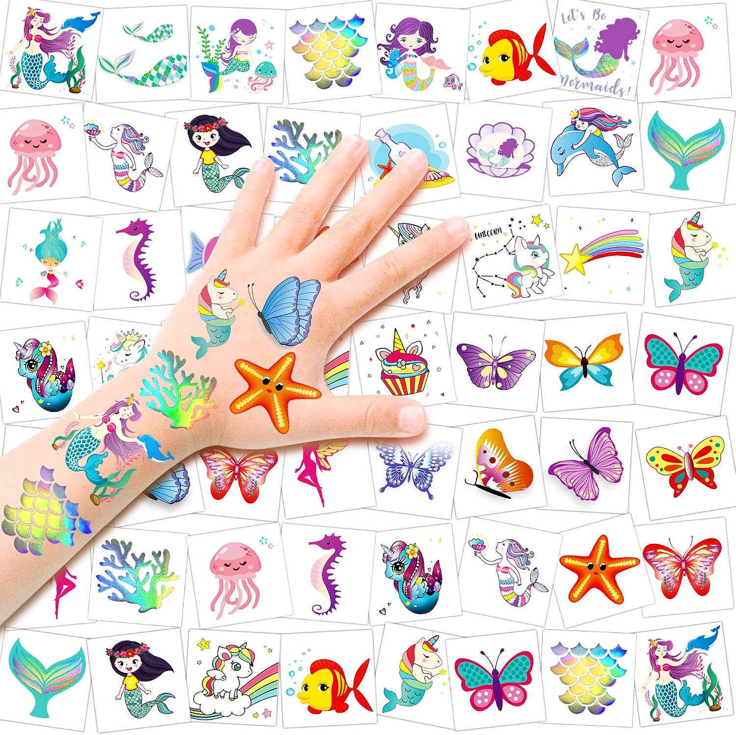 HOWAF 80pcs Temporary Tattoos for Kids Mermaid/Butterfly/Unicorn Tattoos for Kid Friendly Fake Waterproof Tattoo Sticker for Childrens Girls