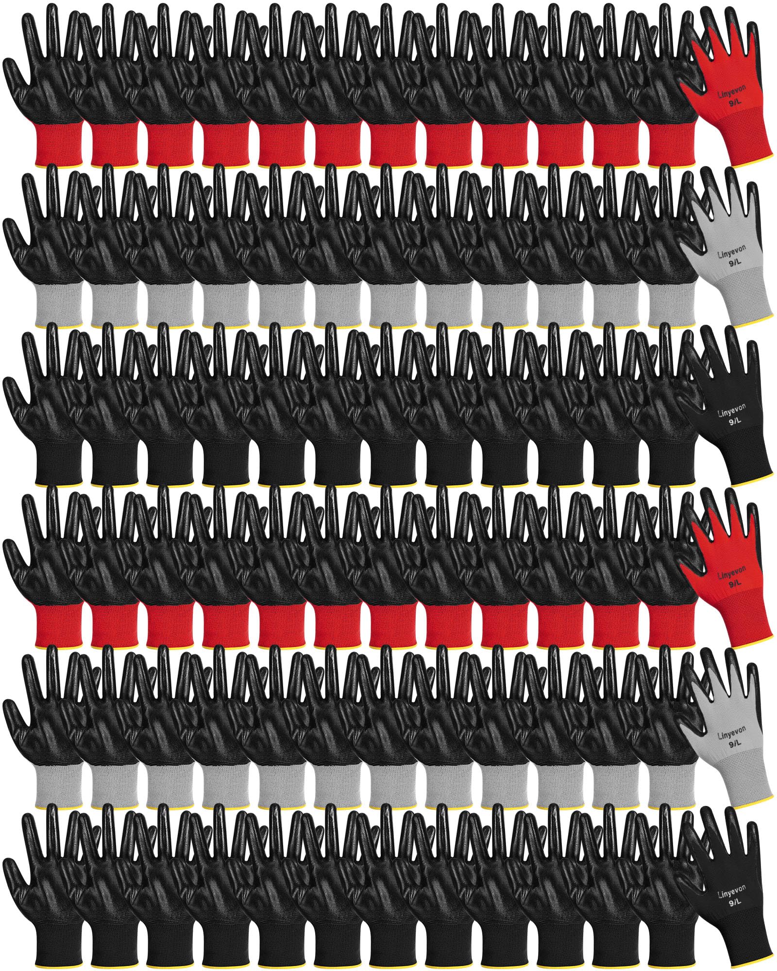 Photo 1 of Maxcheck 54 Pairs PU Coated Gloves Bulk, Reusable Rubber Safety Gloves for Men Women Work Warehouse, Mechanic, Woodworking (Red, Gray, Black,L)