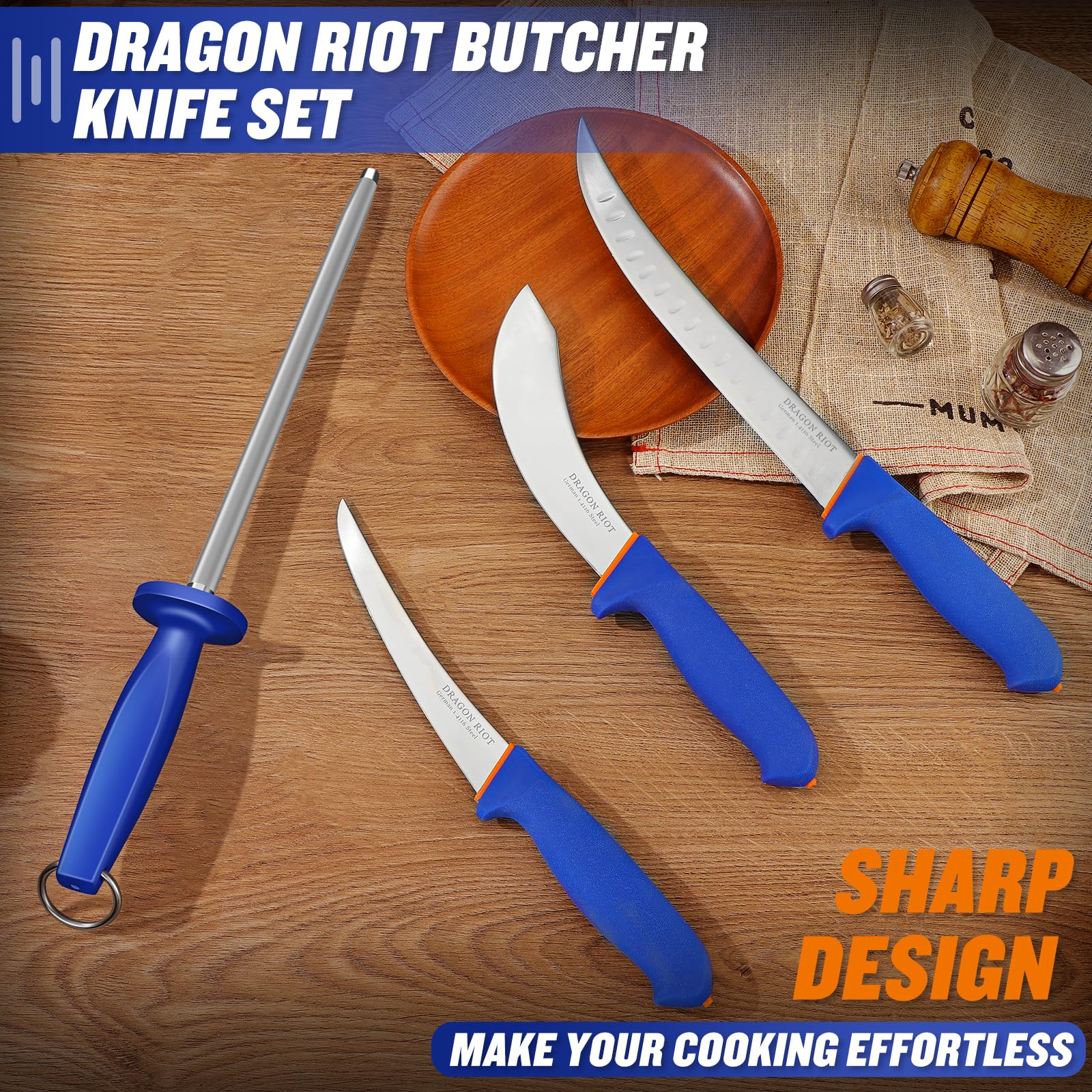 DRAGON RIOT Fleischmesser Set extrem Scharf, Kochmesser Set Enthält ein Ausbeinmesser Profi, ein blaue fleischmesser, ein Metzgermesser und einen Wetzstahl, Messerset für Fleisch und BBQ 4