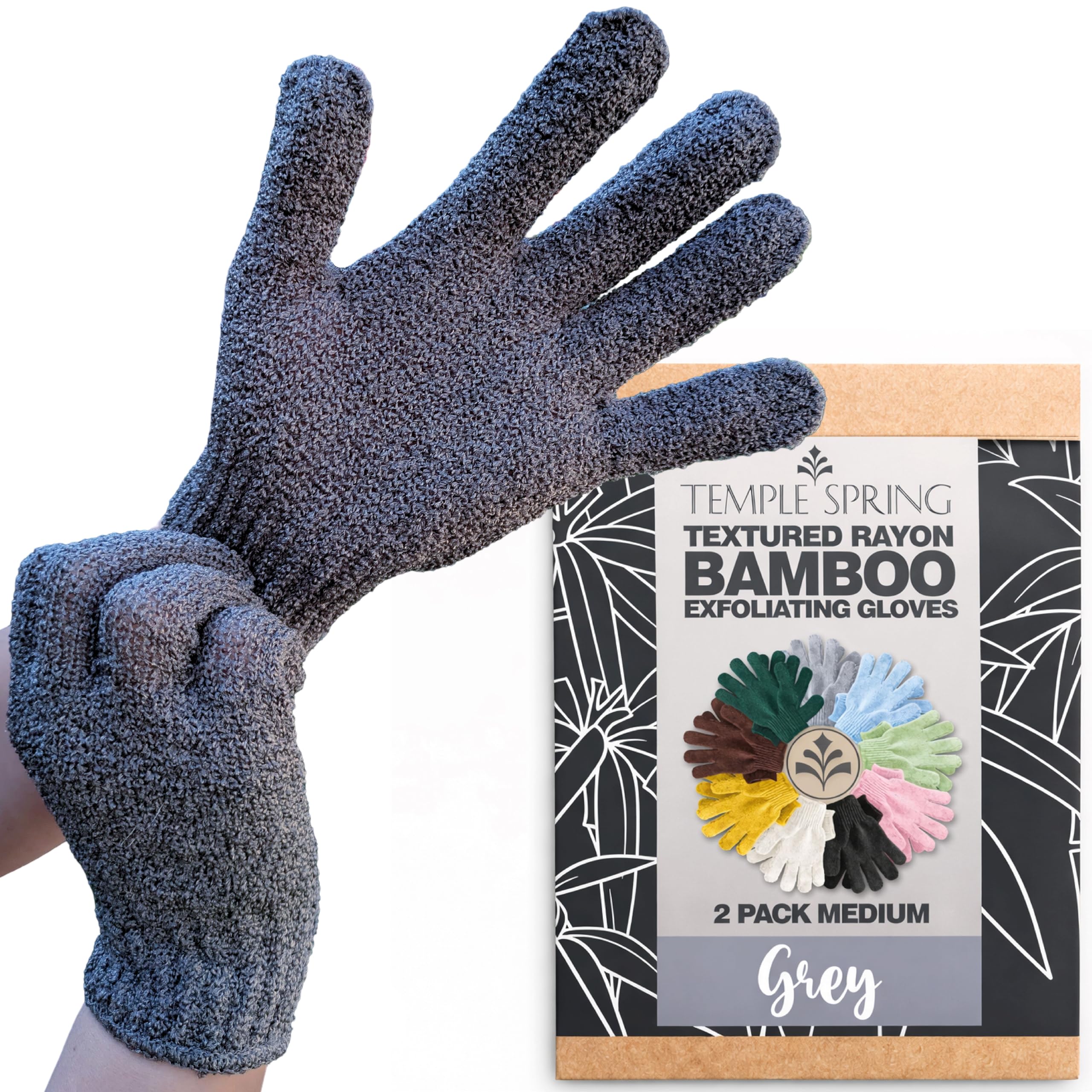 Temple Spring Exfoliating Glove, Carbonized Rayon Bamboo Body Scrubber, Loofah Exfoliating Mitt, Shower Scrubber Wash Cloth, Body Exfoliator Scrub, Loofa Shower Gloves Bath Sponge - Grey