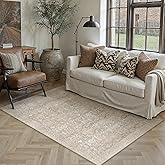 PureCozy Beige Area Rug 3x5 Washable Neutral Office Entryway Carpet Vintage Non Slip Indoor Low Pile Soft Thin Door Mat Retro Floral Accent Throw Small Rug for Bathroom Bedroom Dining Living Room