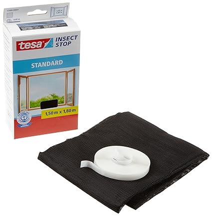 tesa Fliegengitter für Fenster Standard, anthrazit, durchsichtig, 1,5m x 1,8m