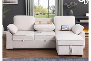 FANYE L-Shaped Pull Out Sleep Sofabed,Modern Reversible Sleeper Sectional Sofa Chenille Upholstered Button Tufted Decor with Storage Chaise, Drop-Down Table, Cup Holders and Charging Ports (USB & Type-C)