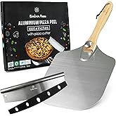 Timber Tree 16 Inch Aluminum Paddle Metal Pizza Peel Shovel with Foldable Wood Handle, 14" Cutter Rocker Blade. Gift Set for 