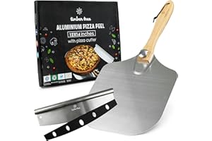 Timber Tree 12"x14" Aluminum Pizza Peel with Foldable Wood Handle & 14" Rocker Cutter – Premium Metal Paddle for Homemade Piz