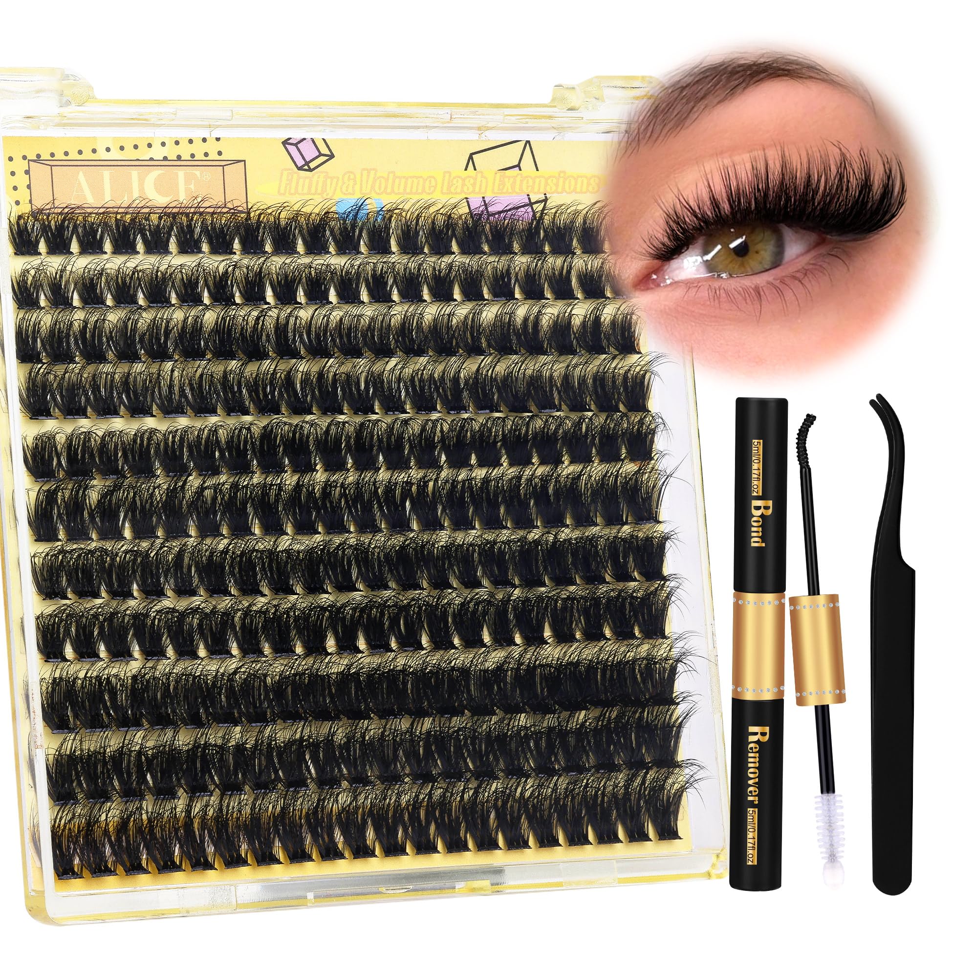 ALICE Lash Clusters Kit Fluffy Volume Lash Extension Kit 3D Wispy Natural DIY Eyelash Extension Kit with 220Pcs Individual Lashes, Lash Bond and Remover,Tweezers(10-16mm,0.05D, D Curl)