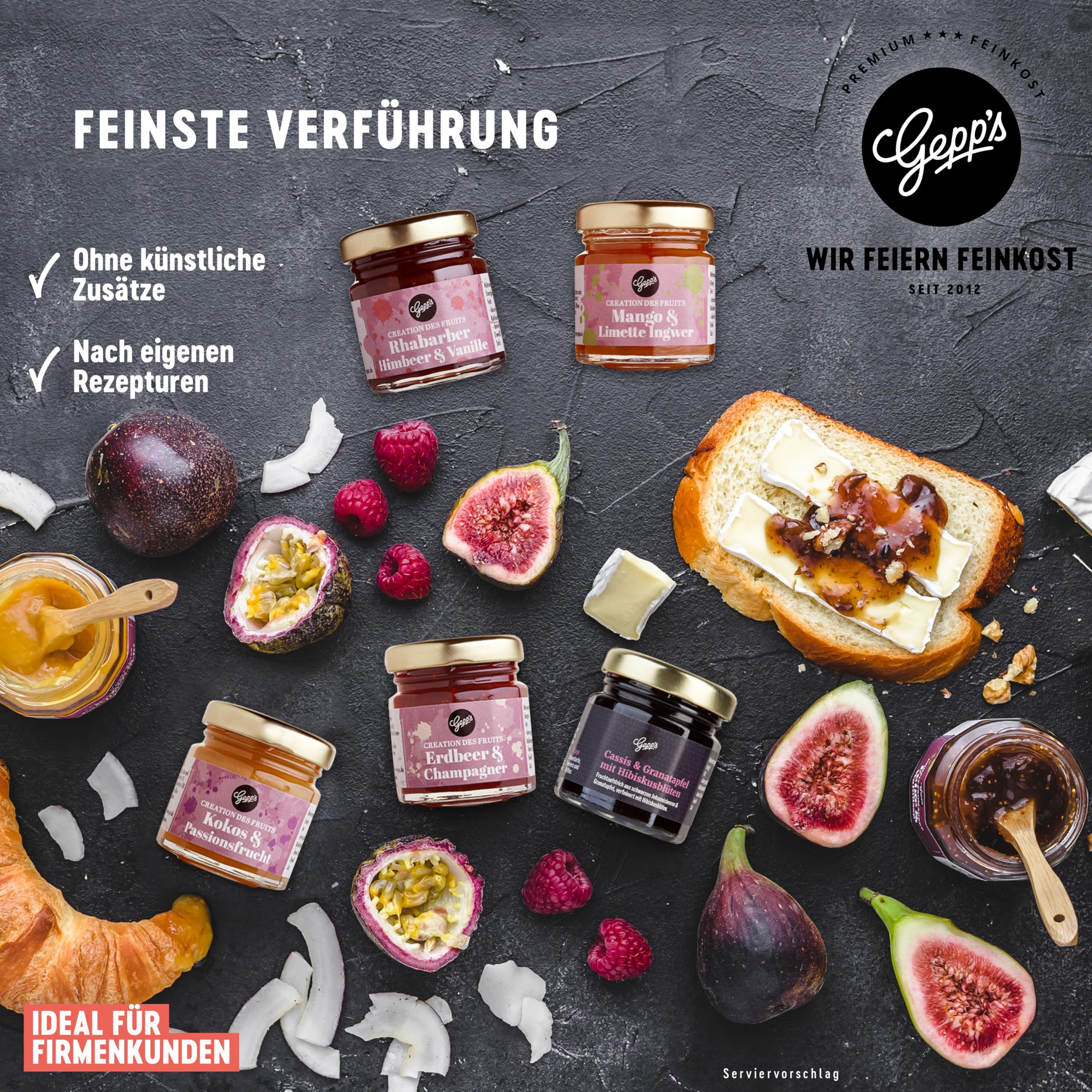 Gepp's Feinkost Frühstück Marmeladen Set I Mini Konfitüren in verschiedenen Geschmacksrichtungen I Geschenk mit Spezialitäten wie Mango Ingwer Erdbeer & Champagner Fruchtaufstrich 3