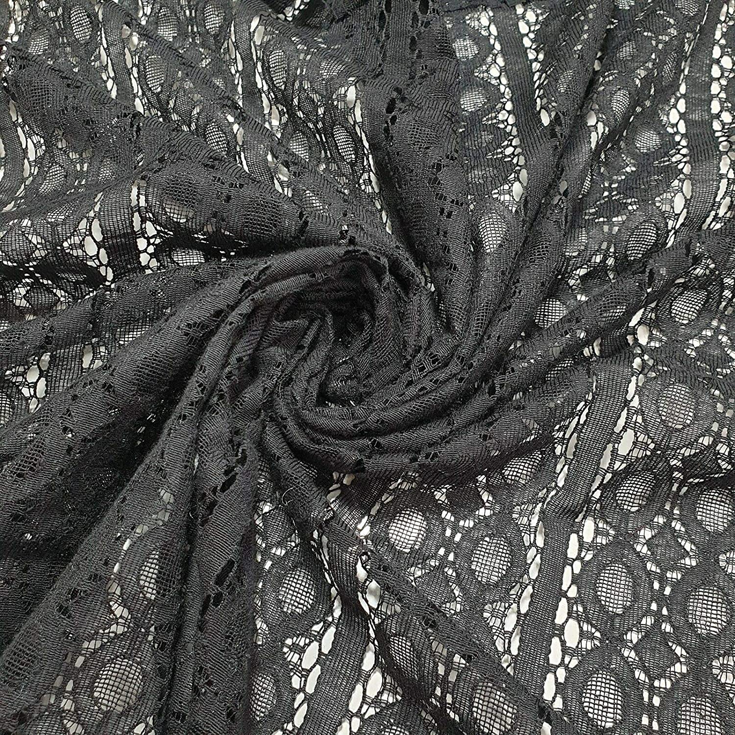 5 Meter Budget Floral Lace Net Craft Dress Curtain Fabric 58" Wide (Black 2)