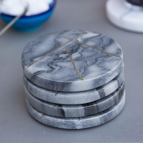 Set of 4 Grey Marble Contemporary Coasters With Brass Insert Detailing
