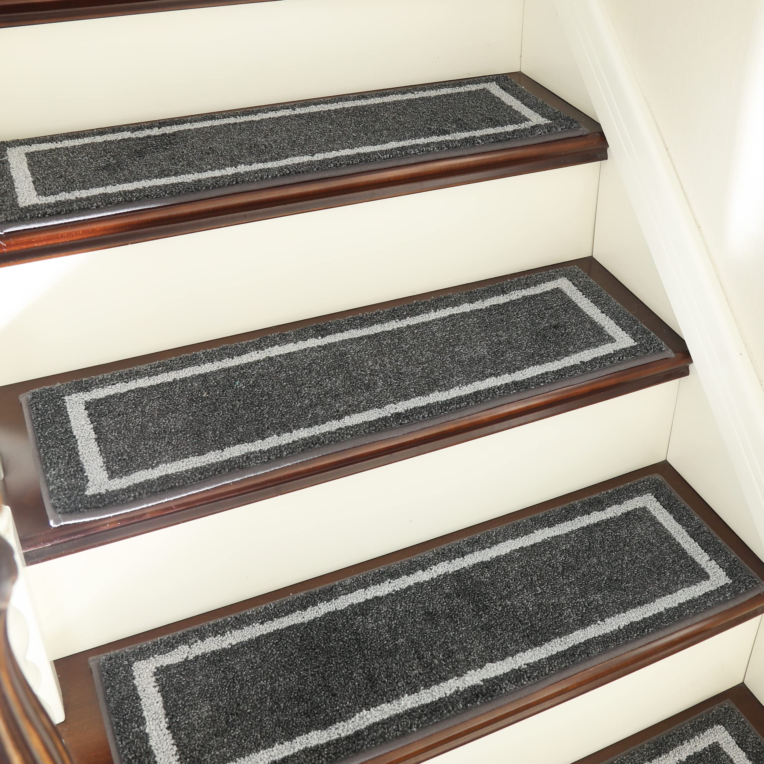 Photo 1 of **4 PIECES ONLY**COSY HOMEER Soft Stair Treads 15pcs Non-Slip Carpet Mat 28inX9in Indoor Stair Runners for Wooden Steps, Stair Rugs for Kids and Dogs, 100% Polyester TPE Backing Black,Square