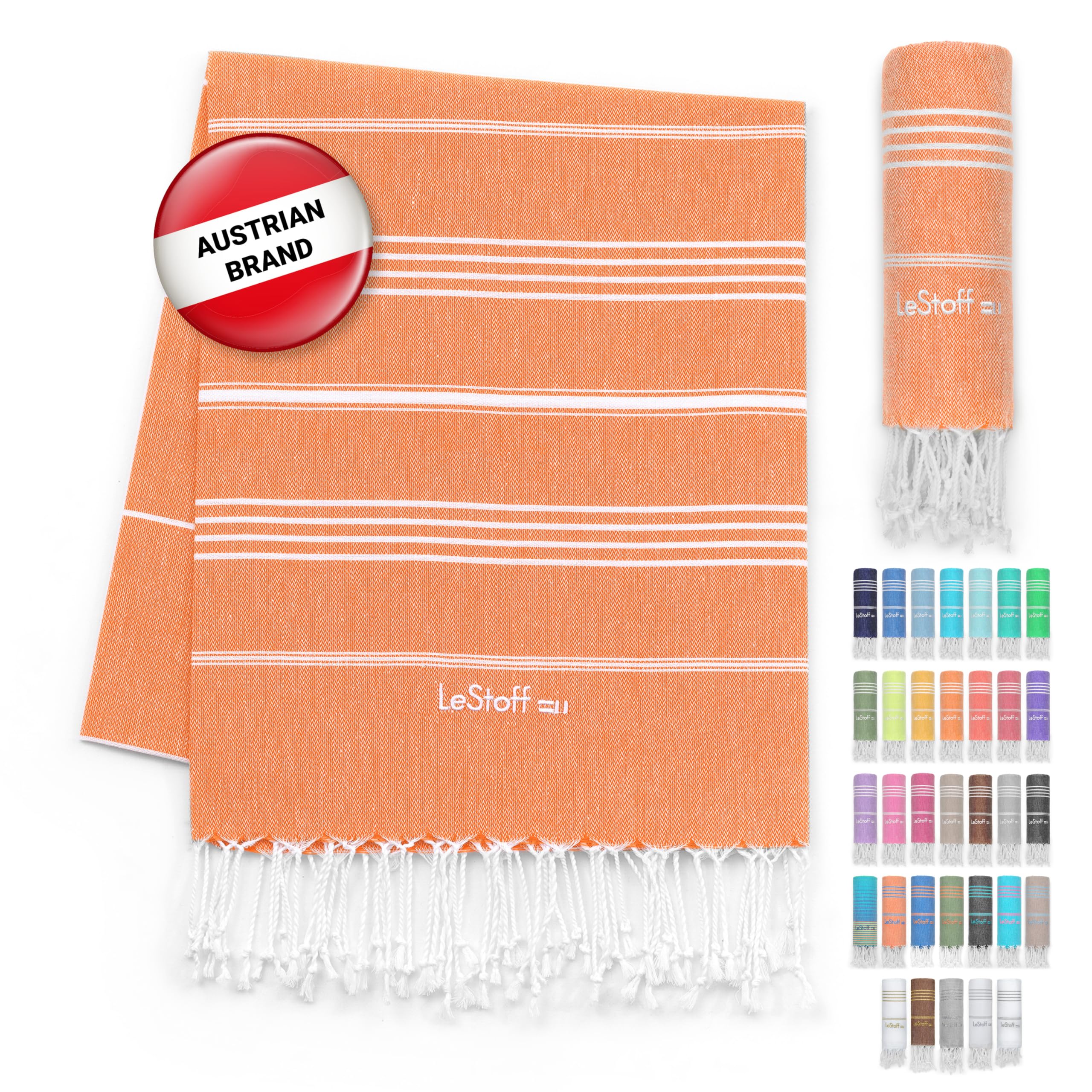 LeStoff Turkish Hammam Towel – 100% organic cotton, 95 x 180 cm, Pre-washed, Absorbent, Quick-drying, Lightweight, Turkish Towel, Hammam Beach Towel, Gym Towel, Beach Throw, Sauna Towel (Orange)