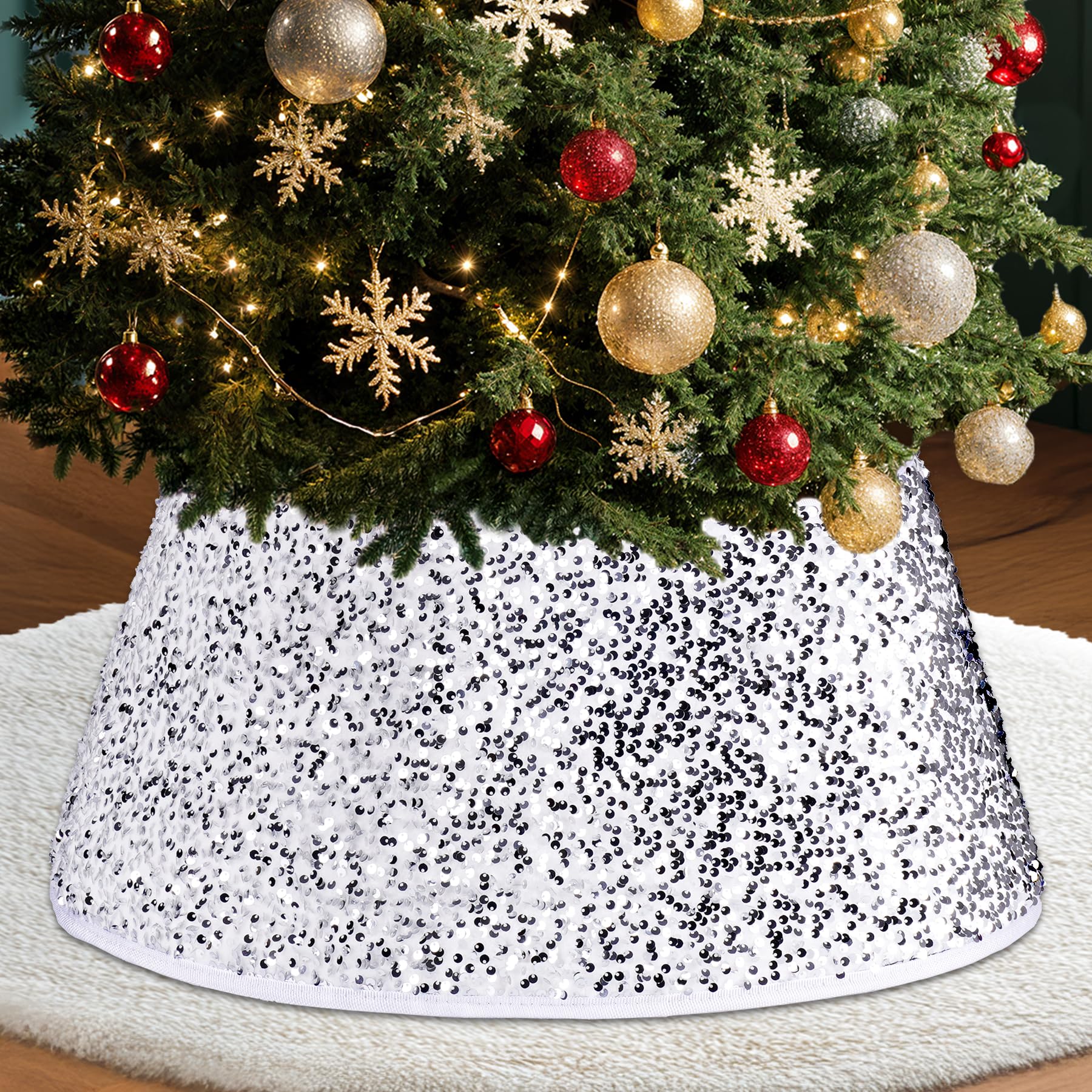 Photo 1 of 22 Inch Round Christmas Tree Skirt - Sparkling Glitter Taffeta, Foldable Design for Easy Setup & Storage Gift for Christmas and Halloween Decoration Trees with a Height of Less Than 7 FT