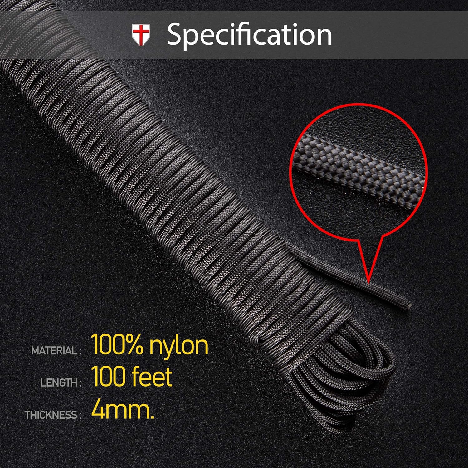 Grand Way Paracord 100 ft - Type III Black Paracord 550-4mm Nylon Rope Mil-Spec para Cord - Camping Rope Hiking Fishing Survival Boy Scout Parachute Cord - Outdoor Hammock 550 Paracord 016 : Sports & Outdoors