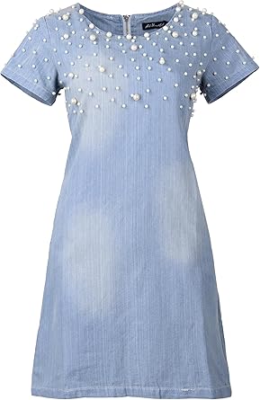 denim dress with pearls
