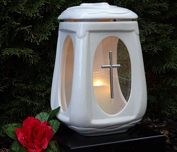? GRABLAMPE Keramik Weiss Glas Kreuz MIT GRABKERZE GRABLATERNE Grablicht GRABSCHMUCK GRABLEUCHTE Laterne GRABKERZE Lampe Kerz
