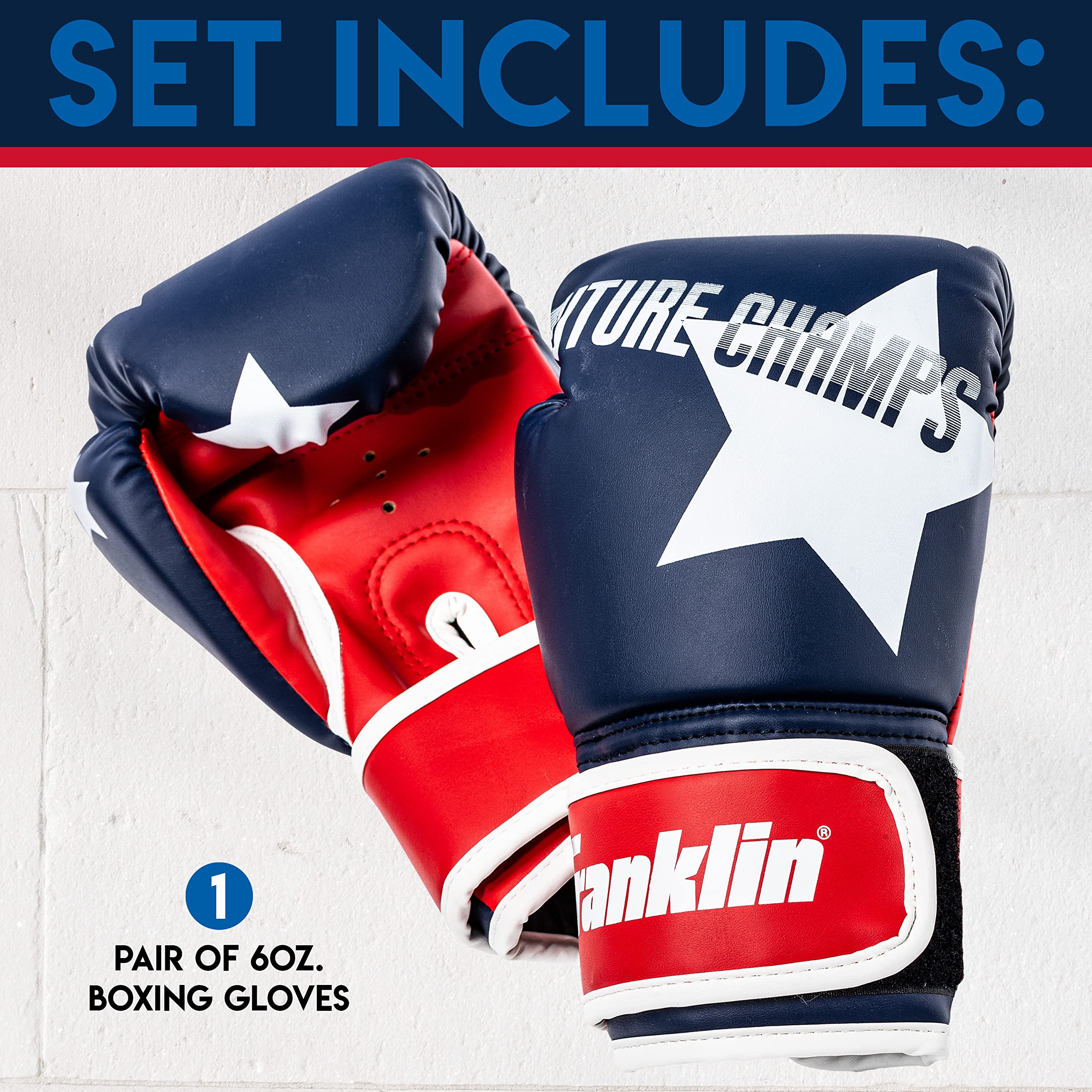 Franklin Sports Kids Boxing Gloves Set - Future Champs Youth Training Boxing Gloves for Kids Ages 5-8 - 6 Ounce - Boys + Girls - Red + Blue Pair