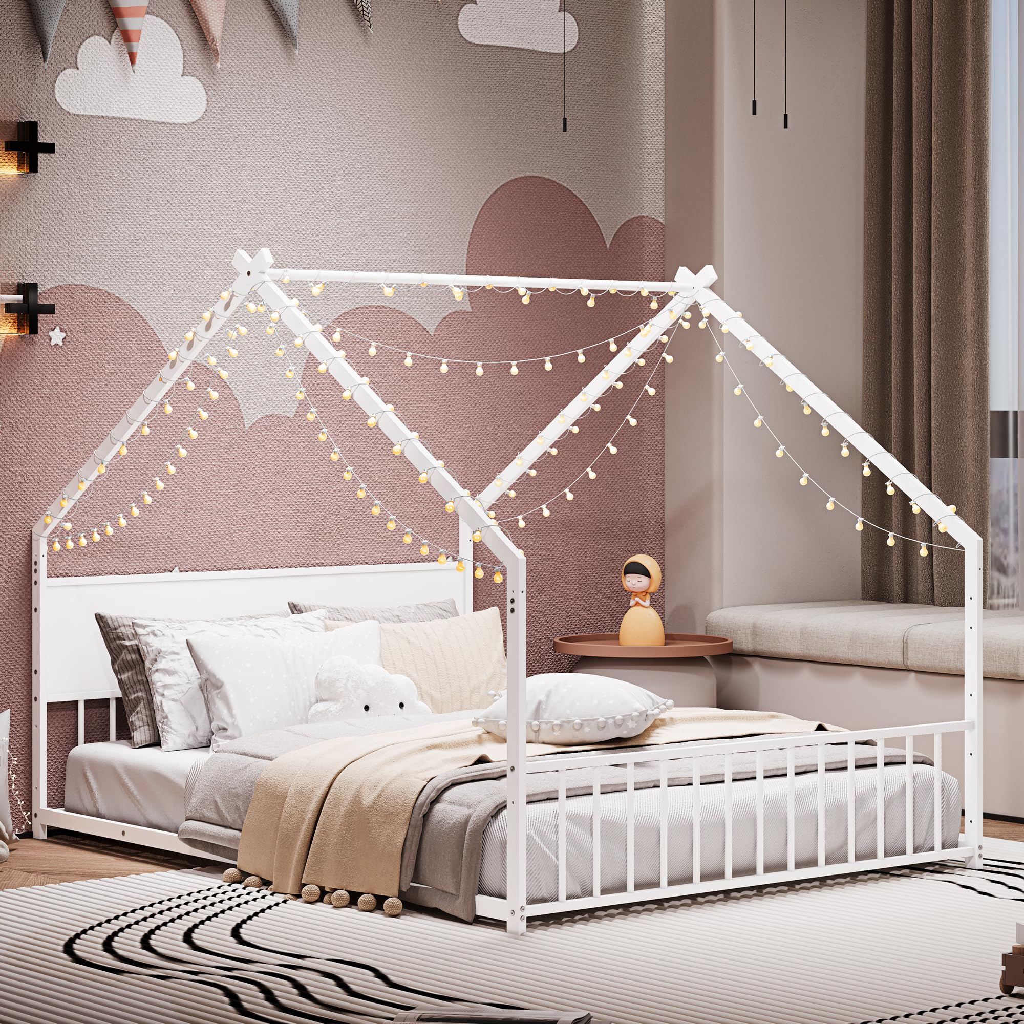 Photo 1 of ***SEE CLERK COMMENTS*** KEIKI Full Size Floor Bed with Colorful Lights, Metal House Bed Frame with Slats and Legs for Boy & Girls, No Box Spring Needed (White)