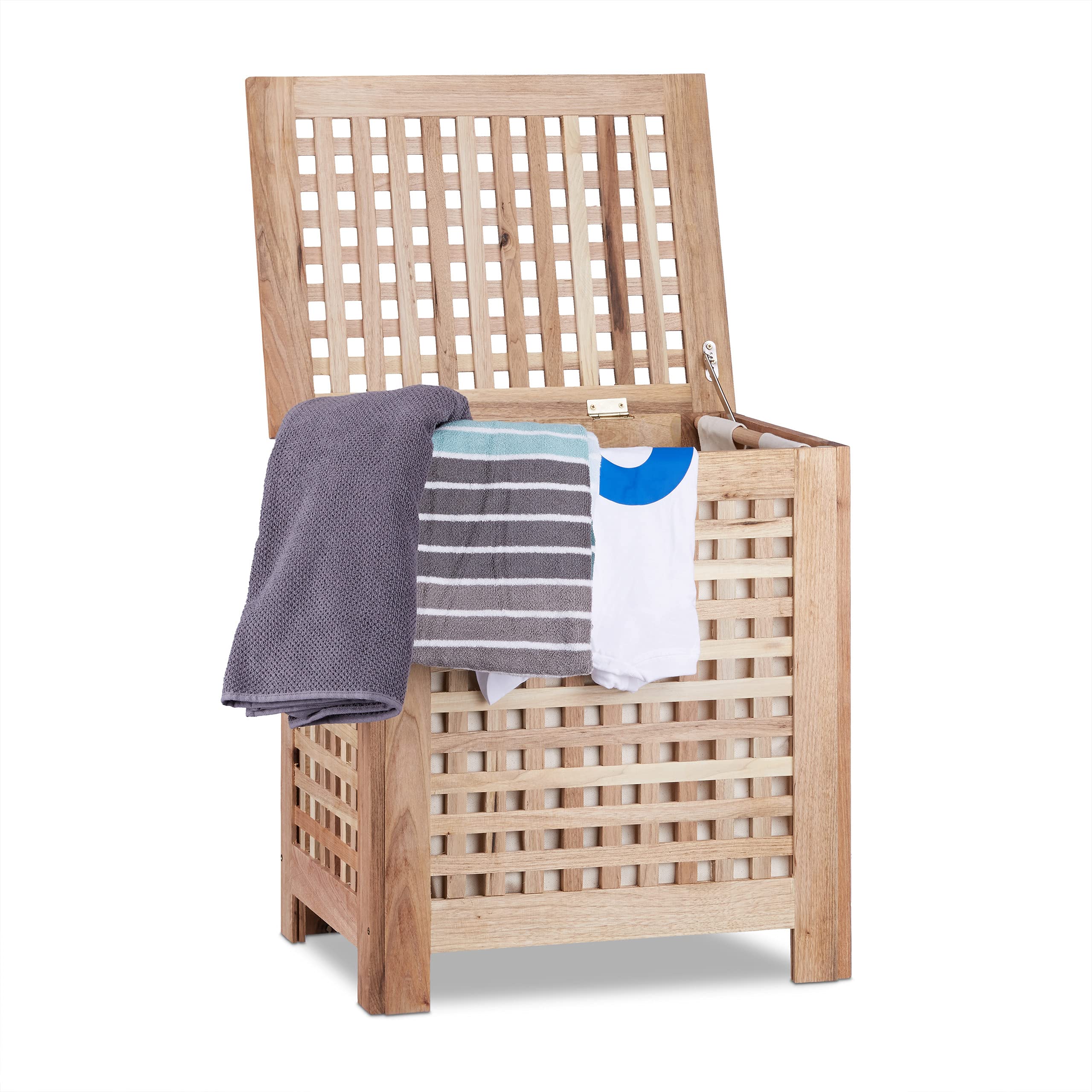 Relaxdays Walnut Laundry Basket with Lid, Removable Laundry Bag ca 70 L Volume, Lidded Wooden Hamper Bin, Size: 55.5 x 52.5 x 39.5 cm, Natural