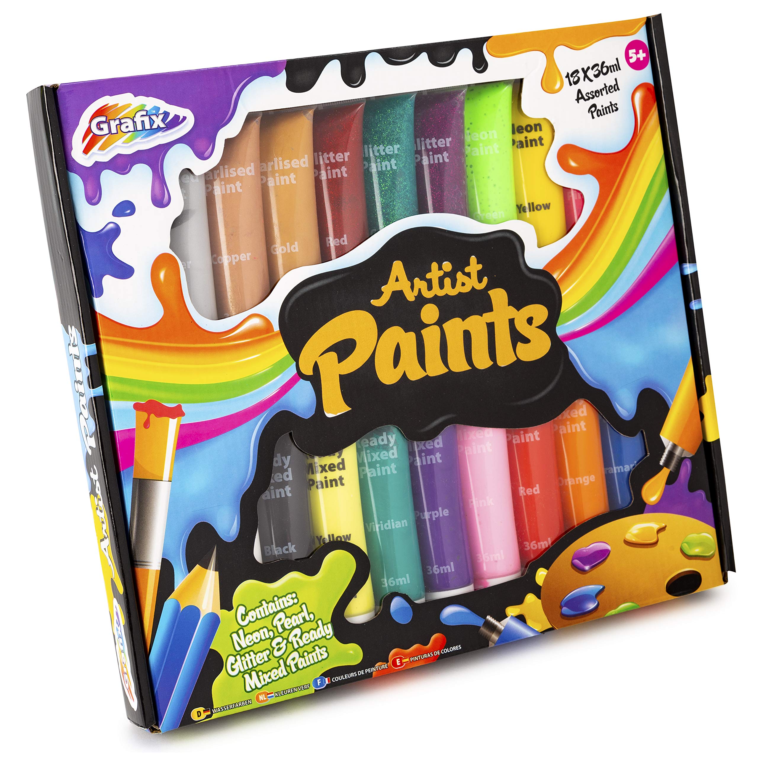 Grafix 16-7009 Set of 18 Paints for Arts and Crafts, Multi Coloured, 36 ml (Pack of 18)