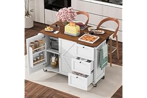MEETFAV 54.5" Farmhouse Mobile Kitchen Island with Power Outlet, Drop Leaf, Spice Rack and Drawer - Rolling Kitchen Cart with Ample Storage, Rustic Kitchen Storage Islands for Home and Dining Room