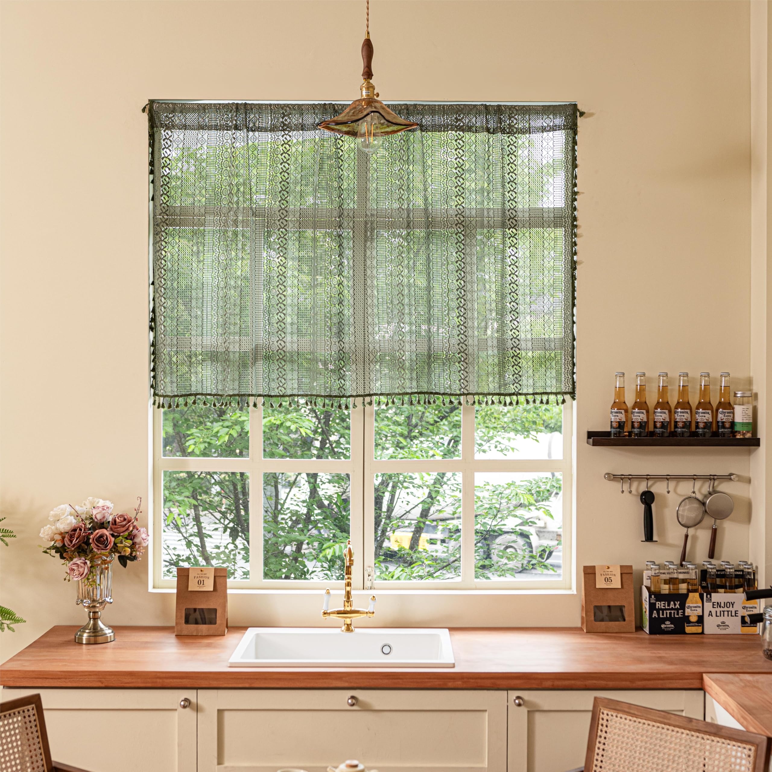 Sutuo Home Olive Green Boho Valance Curtains Crochet Lace Sheer Bohemian Hollow Knitted with Tassels, Privacy Vintage French Retro Farmhouse Tier for Kitchen Bedroom, Rod Pocket 1 Panel 59" W x 24" L