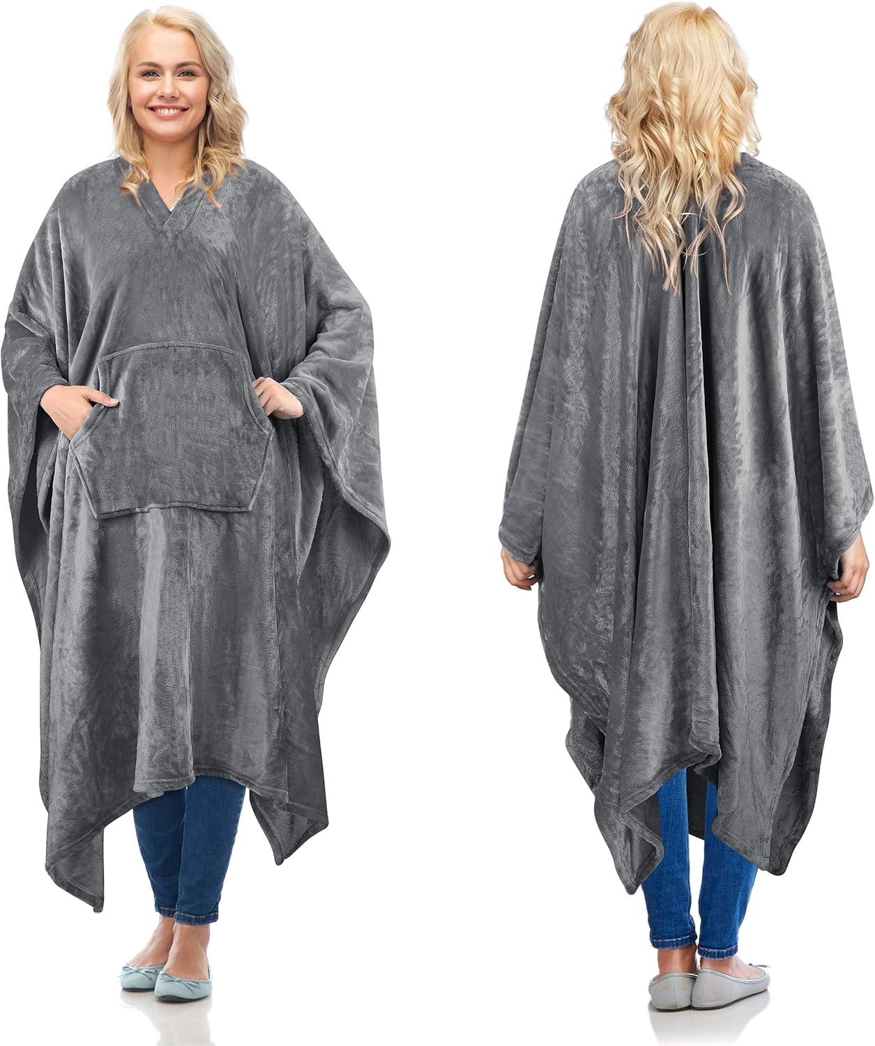 Fleece Wearable Blanket Poncho for Adult Women Men,Wrap Blanket Cape with Pocket |Warm,Soft,Cozy,Snuggly,Comfort Gift,No Sleeves|All Season,Gray