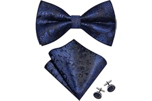 GUSLESON Mens Paisley Bow Tie Handkerchief Jacquard Woven Adjustable Pre-Tied Bowties Pocket Square Cufflinks Set