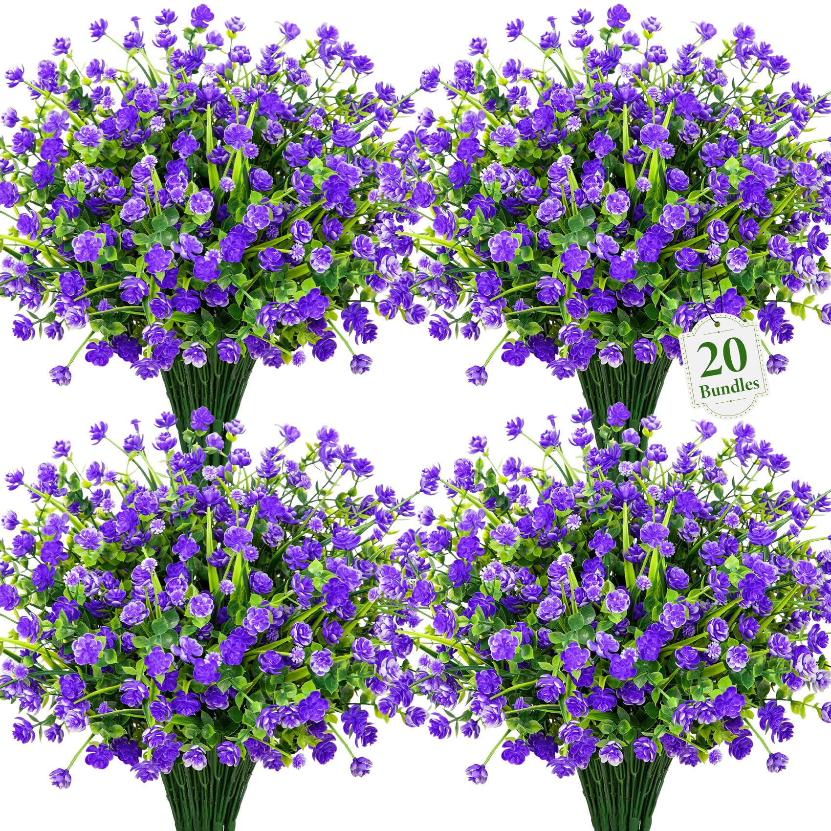 Besteek 20 Bundles Artificial Flowers for Outdoors Fake Plastic Flowers UV Resistant Realistic Faux Plants Shrubs for Spring Summer Garden Porch Yard Patio Planter Window Box Home Decor, Purple