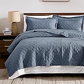 WDCOZY 100% Pre-Washed Cotton Queen Size Quilt Set - Dusty Blue Ruffle Box Soft Lightweight Bedspread, Textured Like Linen, Farmhouse Country Rustic Coverlet, Shabby Chic Gauze Bedding, 3 Pieces