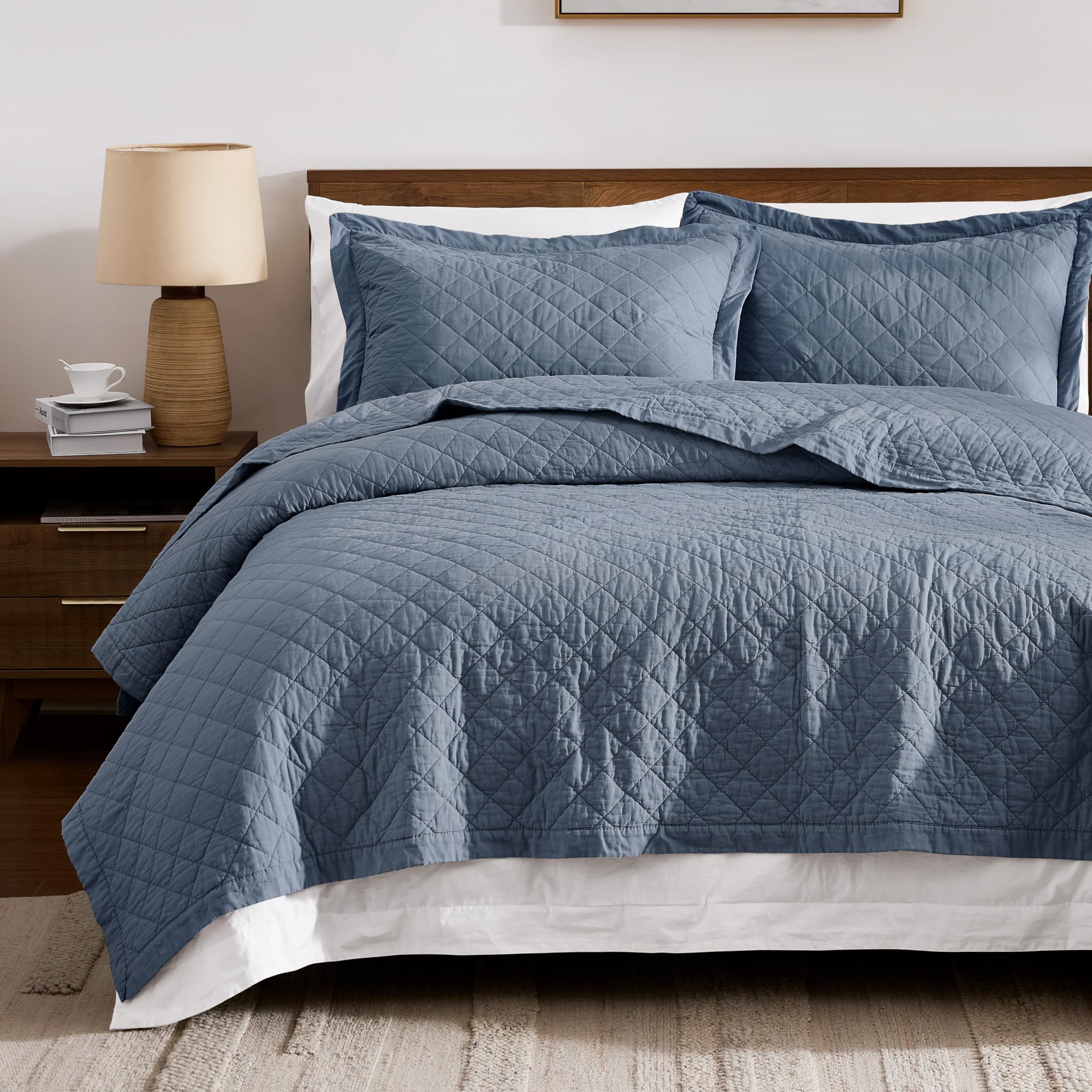 Photo 1 of WDCOZY 100% Pre-Washed Cotton King Size Quilt Set - Dusty Blue Ruffle Box Soft Lightweight Bedspread, Textured Like Linen, Farmhouse Country Rustic Coverlet, Shabby Chic Gauze Bedding, 3 Pieces