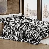 Wonderful Fluffy Faux Rabbit Fur Comforter Set King Size, Striped Stitching Tie-Dye Black Plush Fuzzy Bedding Set 3 Pieces, Warm Soft Comforter Bedding Set for Winter, 104"x90"