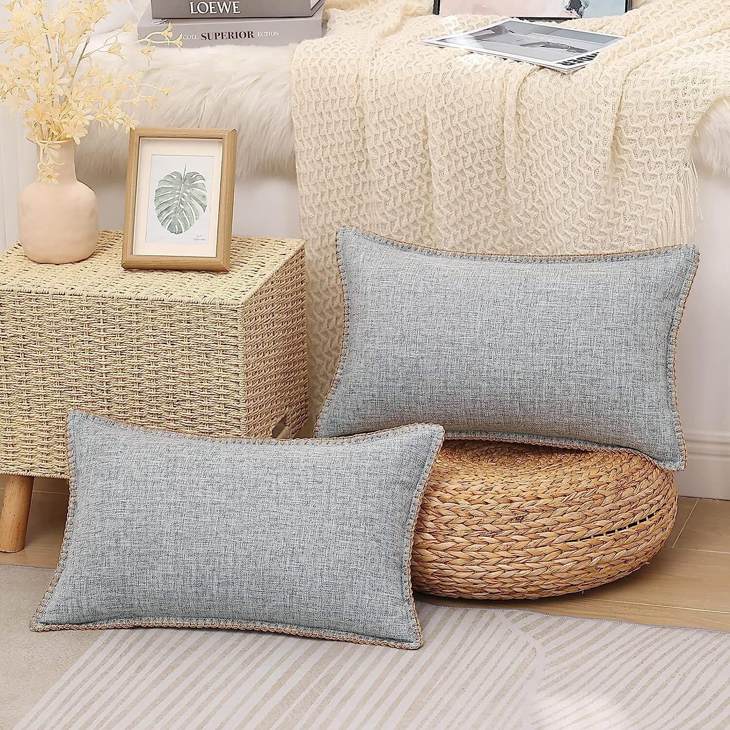 decorUhome Set of 2 Linen Cushion Covers 30X50cm,Decorative Outdoor Plain Vintage Cushion Covers with Stitched Edges, Rectangle Farmhouse Neutral Pillow case 12x20 Inch for Sofa, Light Grey