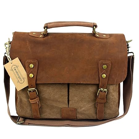 Men Vintage Canvas Briefcase Handbag Business Laptop Shoulder Messenger Cross Bag Iwalouges (Coffee)