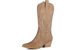 femflame Womens Cowboy Boots for Women Pointed Toe Chunky Heel Mid Calf Cowgirl Boot Embroidered Western Boots