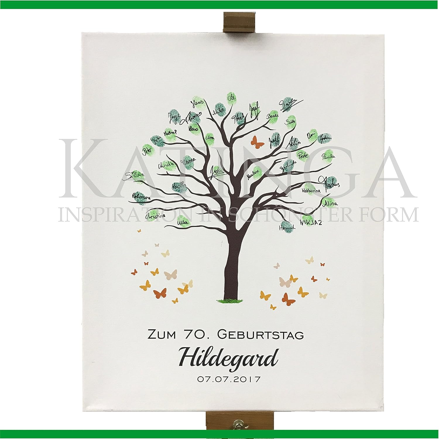 Katinga Personalisierte Leinwand Zum Geburtstag Motiv Baum Als Gastebuch Fur Fingerabdrucke 40x50cm Inkl Stift 6 Stempelkissen Personalisiert Amazon De Kuche Haushalt