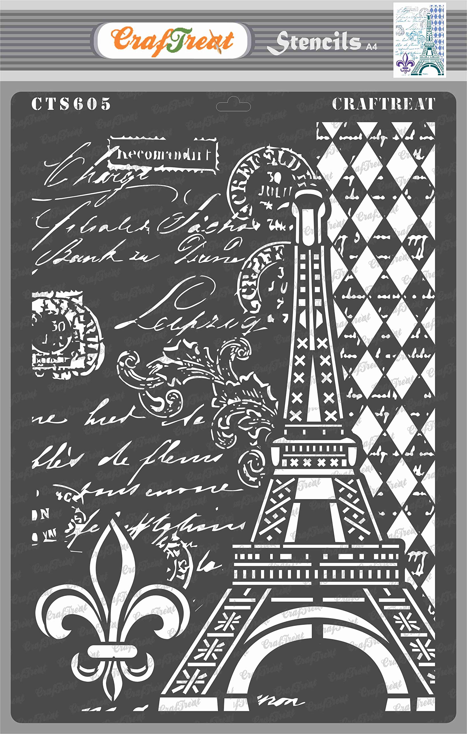 CrafTreat Reusable Eiffel Tower Stencil for Painting on Wood, Canvas, Paper, Fabric Wall and Tile - Eiffel Tower Script -A4 (8.3 x 11.7 Inch) - Mixed Media Stencils and Templates for Painting