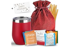 MERCATO DI BELLINA Bellina Tea Gift Baskets for Women and Men - Happy Holidays - Insulated Cup, 20 Premium Teas, 10 Honey Straws, Gift Tag & Bag