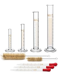 Graduated Cylinder Set - 4 Measuring Cylinder - 5ml, 10ml, 50ml, 100ml - Premium Borosilicate Glass - Contains 2 Cleaning Brushes + 3 x 1ml Glass Pipettes