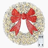 HOMCOM 36in Flocked Pre-Lit Artificial Christmas Wreath with 3D Red Bow, 11 Lighting Modes, Front Door Christmas Wreath with Remote, 140 LED Lights, 300 Tips for Indoor Outdoor Holiday Decoration