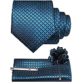 JEMYGINS Mens Solid Color Plaid Tie and Lapel Pin Necktie Pocket Square and Tie Clip with Sets for Business Casual 4PCS