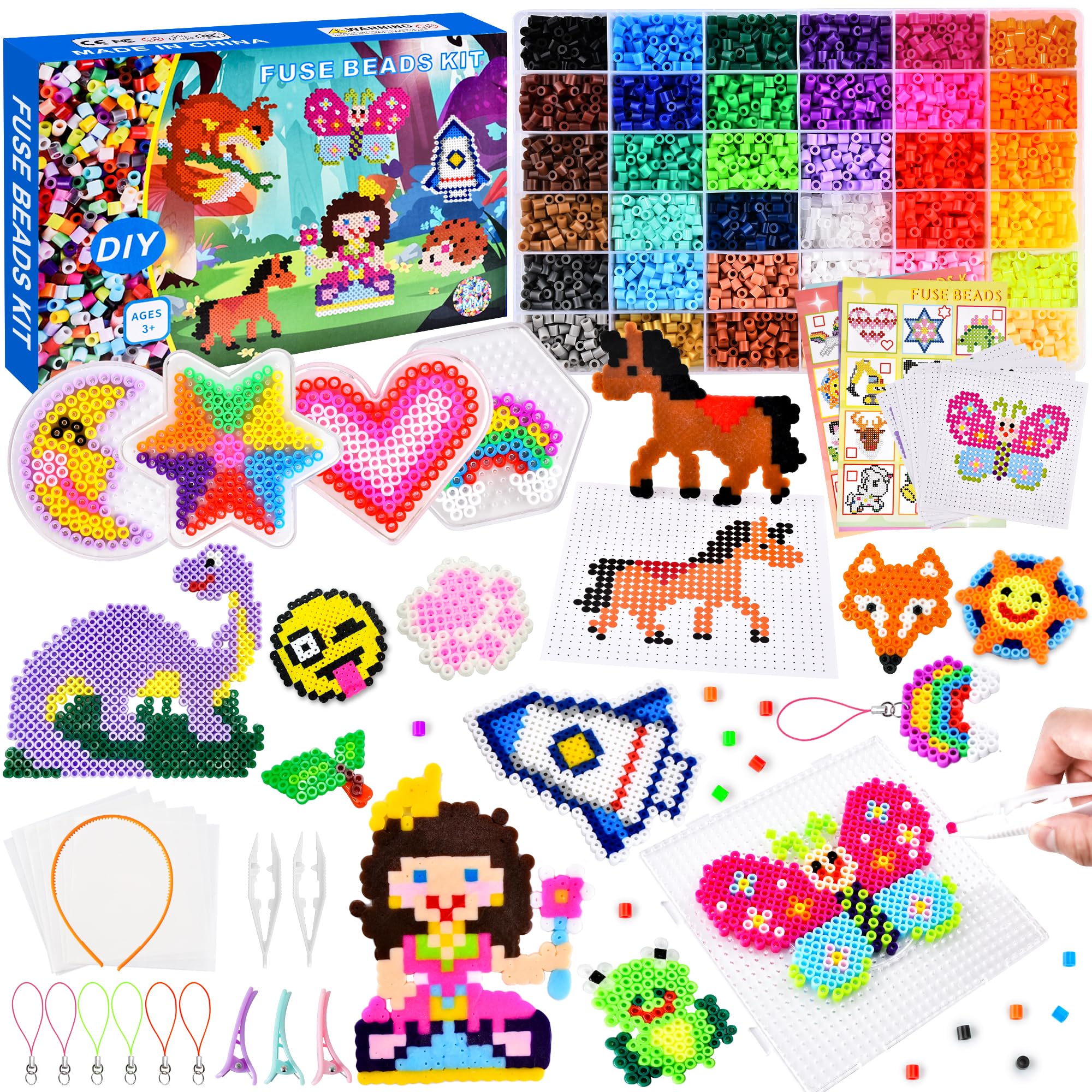 DazSpirit 10000pcs Fuse Beads Craft Kit, 36 Colours 5mm Fuse Beads with 104 Pattern Sheets Arts and Crafts for Kids, Comes with Tweezers, Pegboards, Ironing Papers, Iron Bead Art Craft Kits for Kids